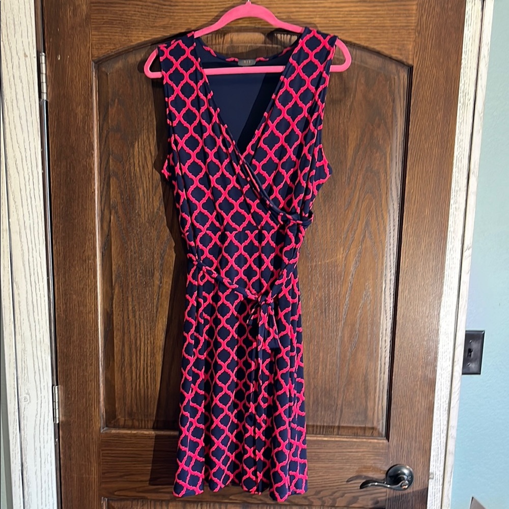 Navy and Pink Geometric Wrap Dress